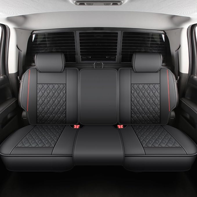 JOJOBAY Chevy Silverado Seat Covers,Leather Seat Covers for GMC Sierra,Custom Fit 2007-2026 1500 2500HD 3500HD Crew Double Extended Regular Cab,LT LZT RST(Rear Seat Covers,Black Red)
