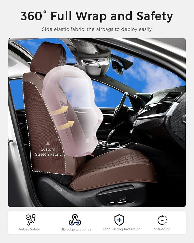 Huidasource Coffee Seat Cover, Car Seat Cover Nappa Leather Universal Fit for Most Cars, Vans, Trucks, SUVs, Compatible with Airbags, Child Seat, SUV Seat Covers Velcro Adjustable (Full Set/Coffee)
