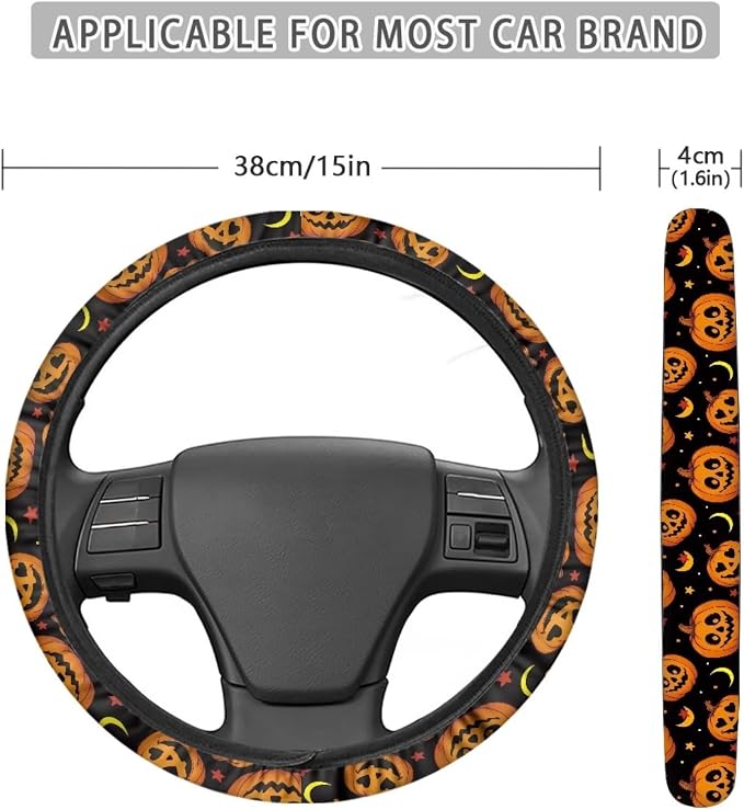 Wanyint Halloween Car Steering Wheel Cover 15 Inch Universal Breathable Soft Anti-Slip Auto Accessories Steering Wheel Protector Fit for Most Vehicles, Pumpkin Moon Star