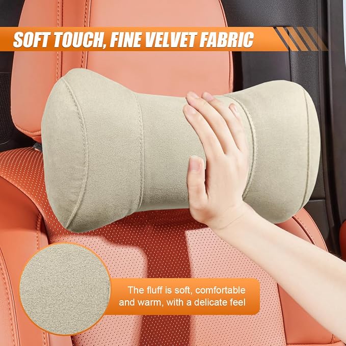 Car Headrest Pillow for Driving - Memory Foam Soft Automotive Neck Support Pillow Cushion with Adjustable Strap - Comfortable Car Seat Headrest Pillow for Neck Pain Pressure Relief (Beige)