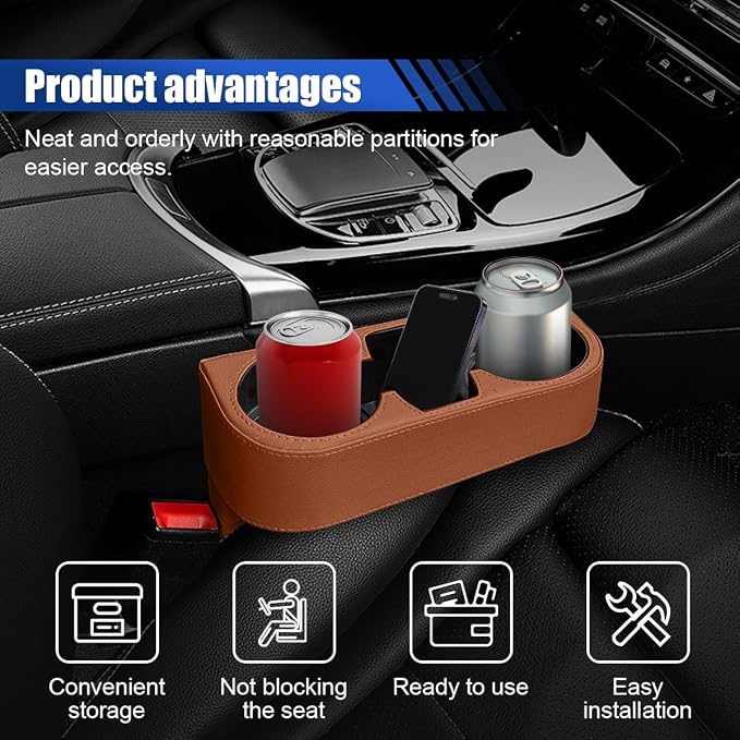 KITUREK Car Cup Holder, PU Leather Cover Auto Front Seat Organizer, Brown | Multifunctional Cup Drink Holder, Gap Filler Coin Bucket Storage Box, Console Side Pocket, Cell Mobile Phone Holder
