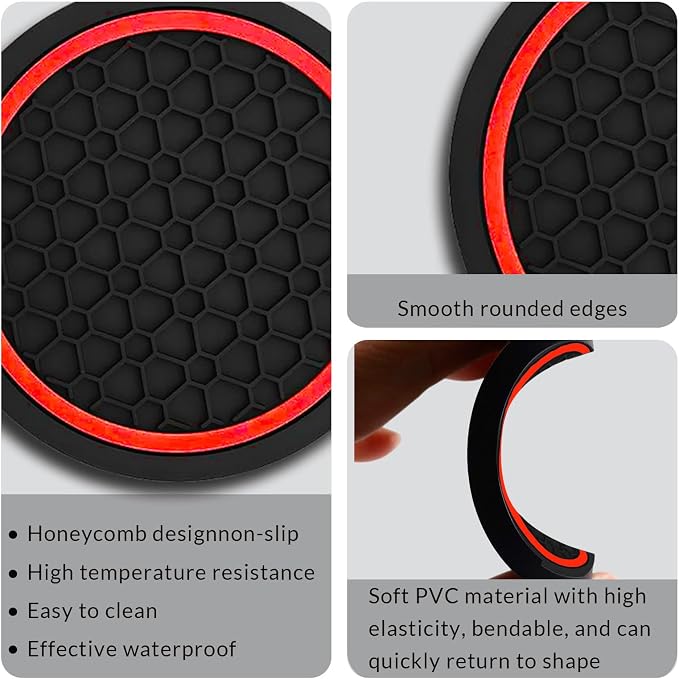 Car Cup Holder Coasters, Dustproof Automotive Interior Accessories Mat,2.75 Inch Non-Slip Insert Water Bottle Holder Pads, Universal for Vehicles, Trucks, RVs and More (Black/Red, 2PCS)
