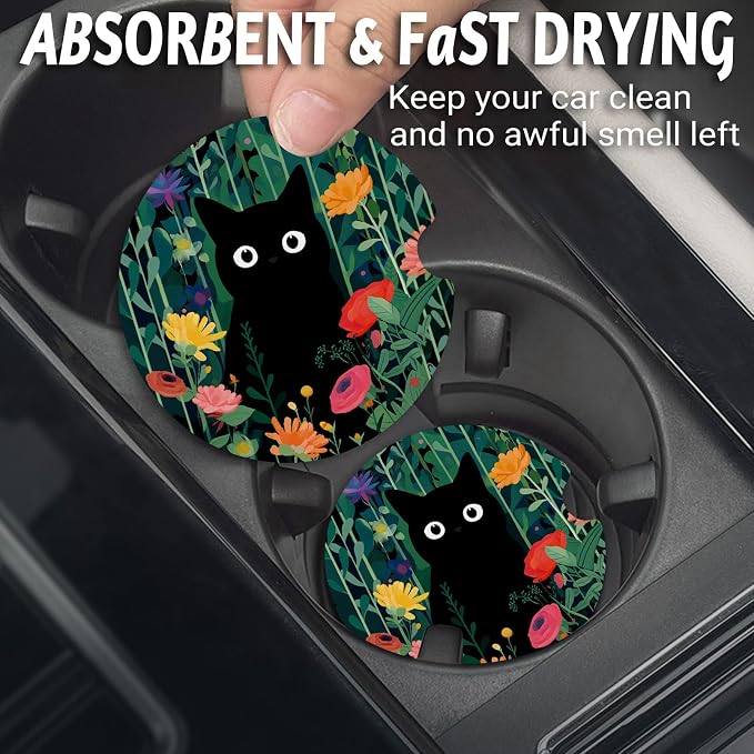 Yonlevres Car Coasters for Cup Holders，2.75" Anti Slip Rubber Mat with A Finger Notch, 2 Pack Car Cup Holder Coasters for Car Interior Accessories for Women Men Flower Balck Cat