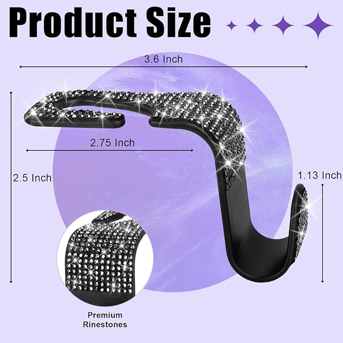 BFXM 6 Pack Bling Car Seat Headrest Hooks, Car Accessories for Women, Rhinestone Purse Hook for Car, Universal Storage Organizer for Handbag Grocery Bags Coats (Bling Black)