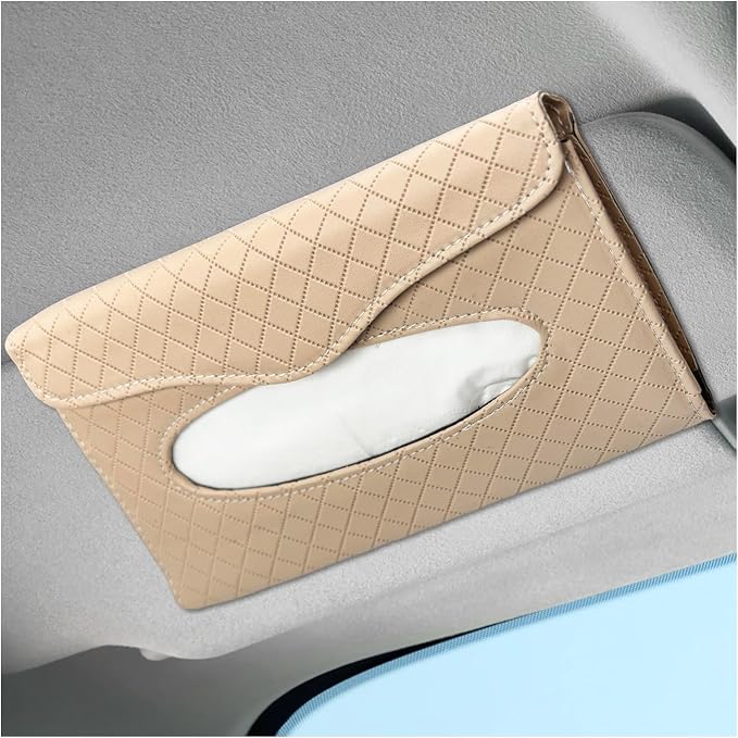 Car Tissue Holder, Auto Sun Visor Napkin Holder Hanging Paper Towel Dispenser with Tissue Refill, Easy Access Leather Paper Towel Storage Case for Most Vehicle Visors (Beige)