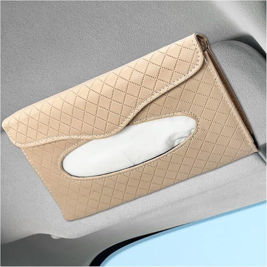 Car Tissue Holder, Auto Sun Visor Napkin Holder Hanging Paper Towel Dispenser with Tissue Refill, Easy Access Leather Paper Towel Storage Case for Most Vehicle Visors (Beige)