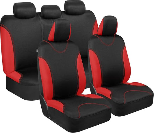BDK Red Car Seat Covers Full Set - Universal Fit Matching Set Seat Covers for Trucks & Car Seat Protector for SUV - Front Seats, Rear Back Bench, & Headrest Seat Covers for Cars Interior Covers