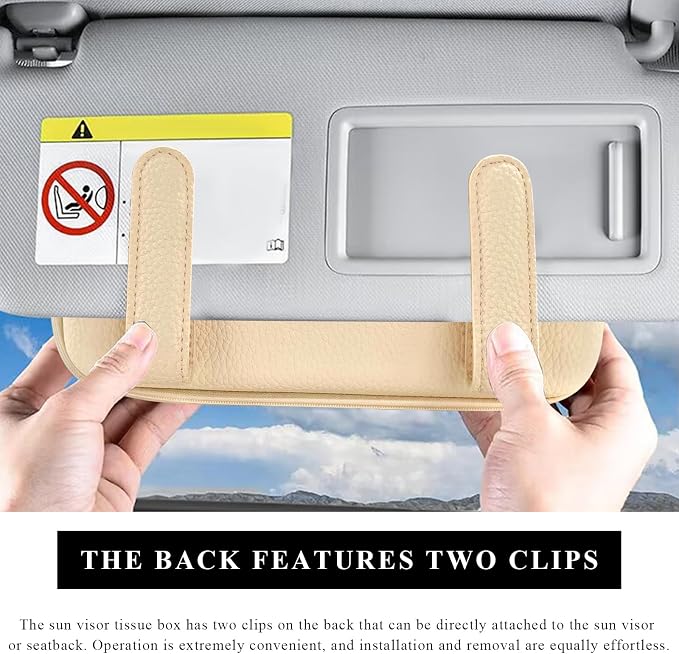 Car Tissue Holder, Microfiber Leather Auto Sun Visor Napkin Box with Zipper & Hooks, Universal Backseat Tissue Dispenser Case Visor Napkin Holder for Sedans Trucks SUVs (Beige)