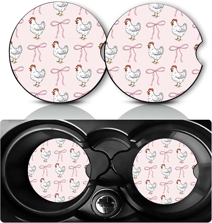 2 Pack Coquette Chicken Car Cup Holder Coasters Neoprene Anti Slip Mat | Coquette Chicken Car Accessories Interior Decor 2.75" Universal Size Insert Auto Coasters Chickens Gifts for Women Men