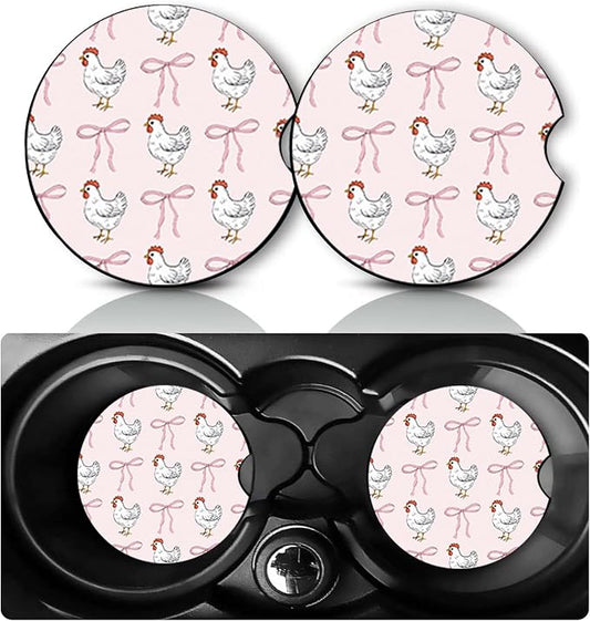 2 Pack Coquette Chicken Car Cup Holder Coasters Neoprene Anti Slip Mat | Coquette Chicken Car Accessories Interior Decor 2.75" Universal Size Insert Auto Coasters Chickens Gifts for Women Men