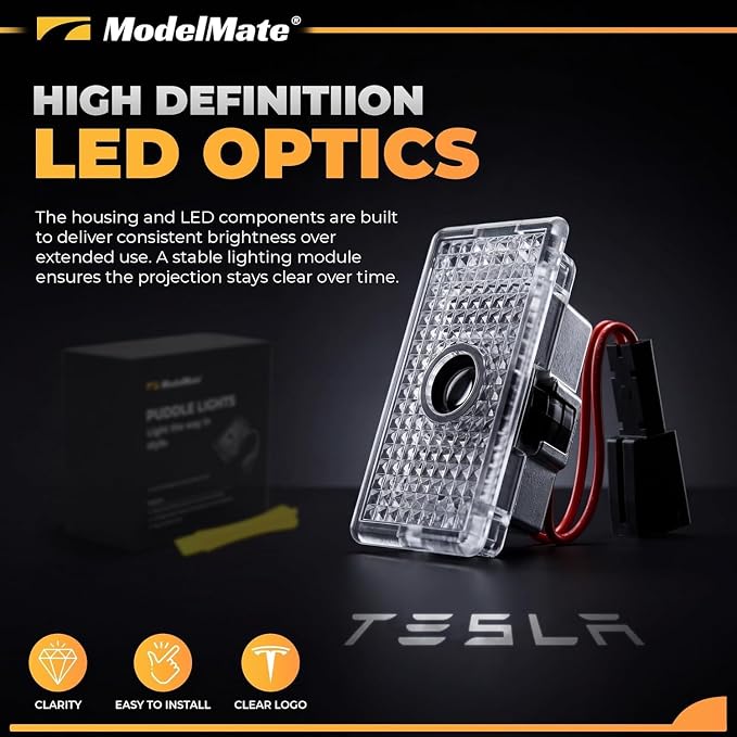 Tesla Logo Puddle Lights for Car Door (4 Pack) HD LED Puddle Lights Compatible w/Model 3 & Y (NOT Standard), X & S Pre 2021 Premium Tesla Door Logo Projection Lights Easy Installation Car Accessories