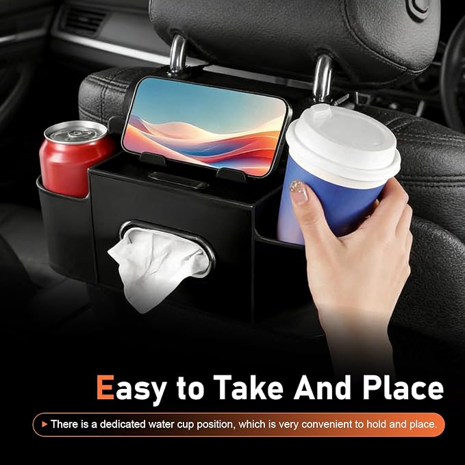 4-in-1 Back Seat Car Organizer, Leather Multifunctional Seat Back Storage with Phone Holder Tissue Box Cup Holders Hooks, Waterproof Hanging Organizer, Universal for Most Cars (Black)