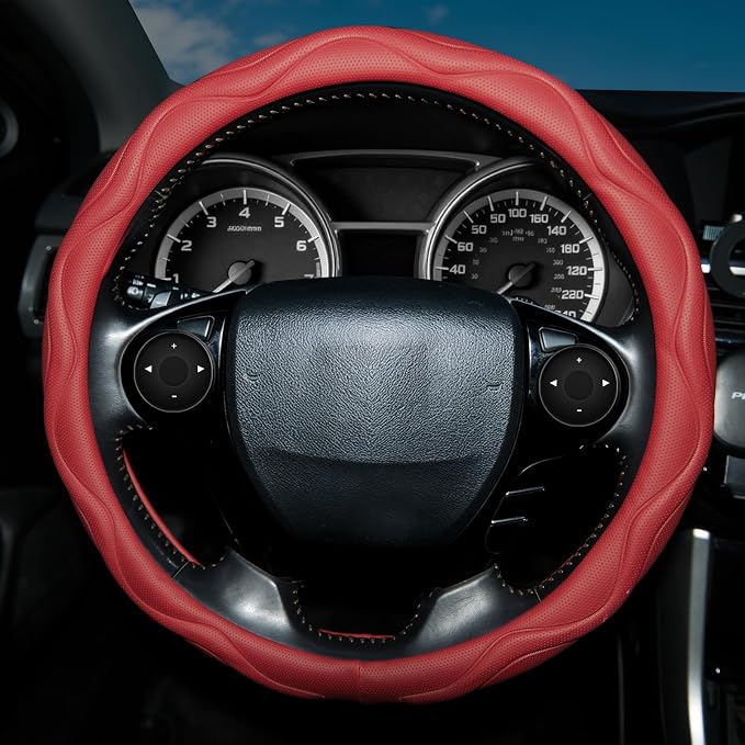 Steering Wheel Cover with Anti-Slip Leather Grip Compatible with Ford, Toyota, Honda, Nissan, and Chevrolet Vehicles for 14.5-15.35 inch Round Steering Wheels Universal Car Accessories