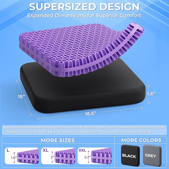 TushGuard Gel Seat Cushion for Long Sitting, Enlarged & Thickened Patent Design, Breathable Cooling Chair Pad for Office, Soft Car Seat Cushion for Wheelchair (Standard, Black)