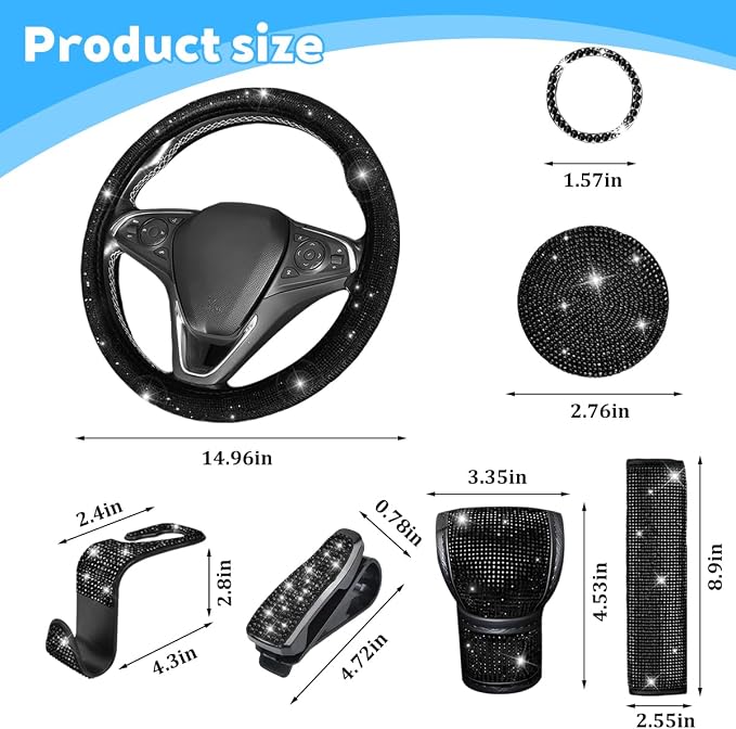 8PCS Bling Car Accessories Set, Sparkly Rhinestone Vehicle Steering Wheel Seat Belt Gear Shift Start Stop Button Cover, Diamond Auto Cup Holder Coaster Decoration, Universal Fit (Black)