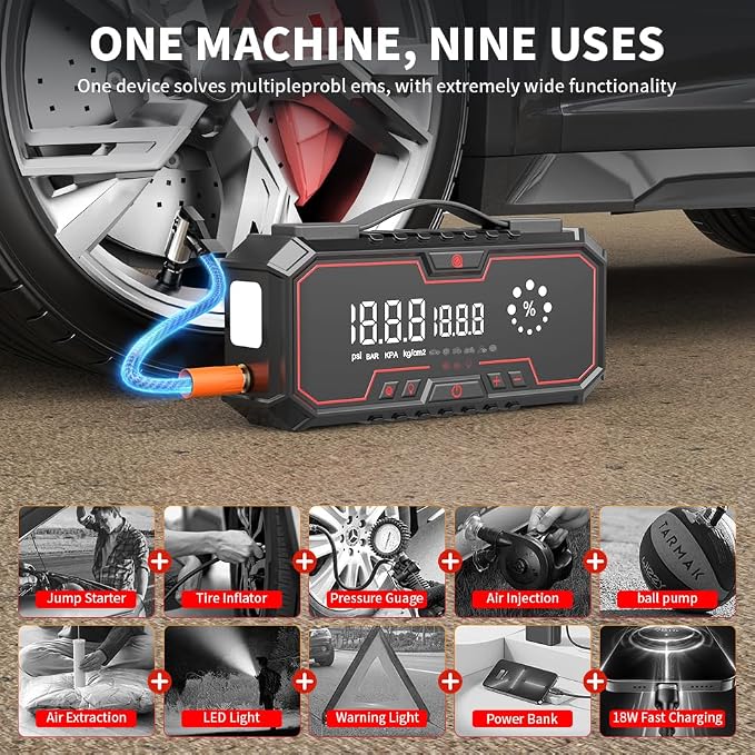 Jump Starter with air Compressor, 5000A Emergency Starter Jump Box (Gas 9L/Diesel 8L), Jumper Cable Jump Starter Portable with air Compressor 160PSI, car Roadside Emergency kit, SOS Light