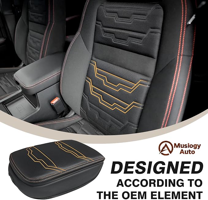 Muslogy Center Console Armrest Cover Fit for Nissan Frontier 2022-2025 2026 Accessories, Comfort Armrest Pad Console Lid Cushion Vegan Leather 1-Inch Extra Thick (V2 Orange Trim)