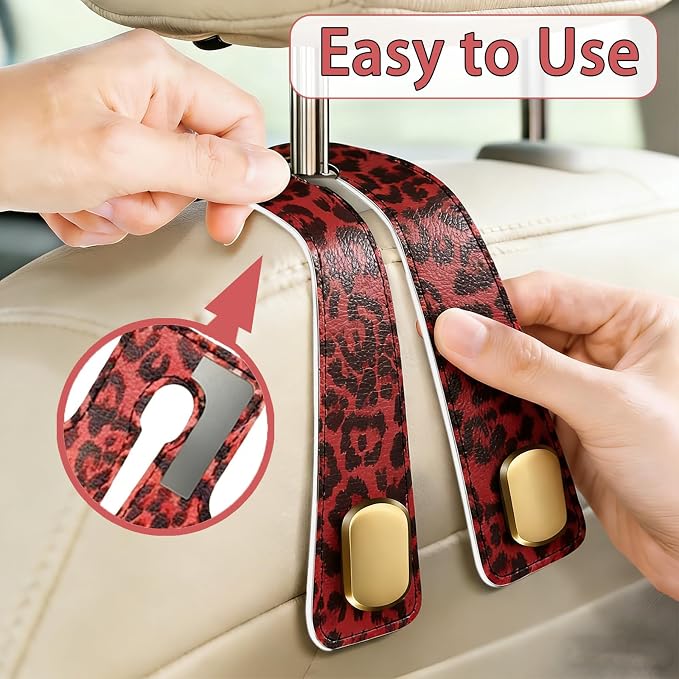 Car Hooks for Headrest: 2Pack Car Seat Back Storage Headrest Hook - Premium Leather Double Metal Hook - Purse Hook For Car Headrest - Car Headrest Hooks for Purses, Handbags, Bags -Red Leopard