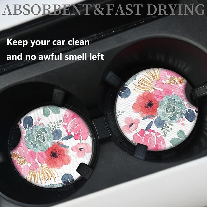 Watercolor Floral Car Coaster for Cup Holders,Car Accessories for Women,2pcs 2.75inch Universal Anti Slip Car Assecories,Car Cup Holder with A Finger Notch