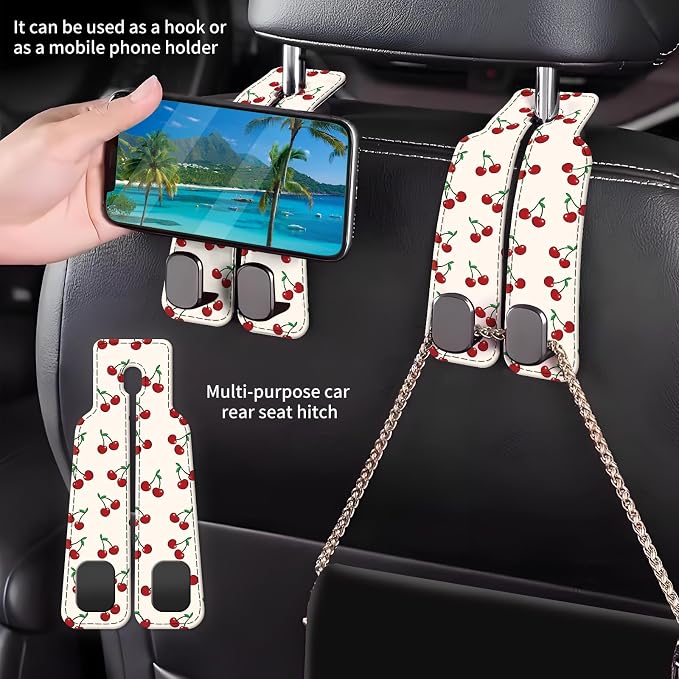 Car Seat Back Storage Headrest Hook, Premium Leather Double Metal Hook, Hanger Storage Organizer for Purse Cloth Bag, Car Interior Accessories White Red Cherry