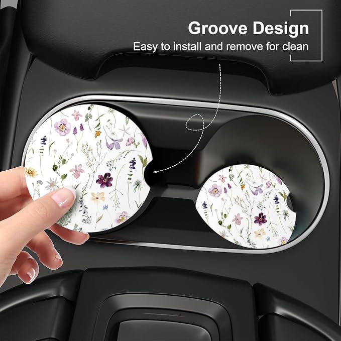 Ceramic Car Coasters – Absorbent Car Cup Holder Coaster Set for Women, Cute Aesthetic Car Accessories for Girls, 2 Pack (Purple)