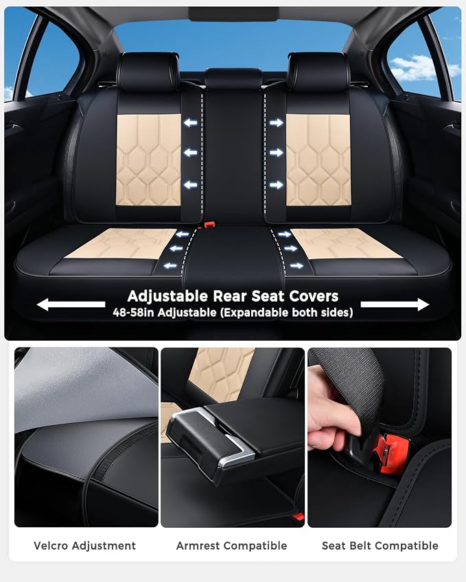 Huidasource Car Seat Covers, Universal Fit for Cars SUV Trucks, Black&Beige | Full Coverage Leather Seat Cover, Airbag, Cupholder Compatible, Seat Function Retain, Easy Install with Velcro