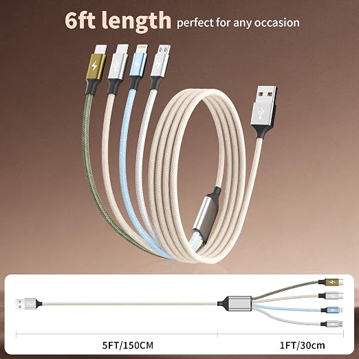 4 in 1 Multi Charging Cable, 2 Pack 6FT Charging Cords for Devices | Nylon Braided USB C Car Charger Cable with Dual USB-C, IP & Micro Ports, Long Travel Charging Cord for Cars