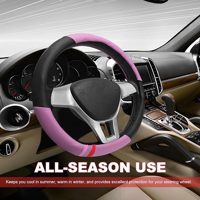 Car Steering Wheel Cover, Breathable Carbon Fiber Wheels Protective Cover Interior Accessories, Universal Anti Slip Protector for Most 14.5-15 Inch Steering Wheels (Pink)