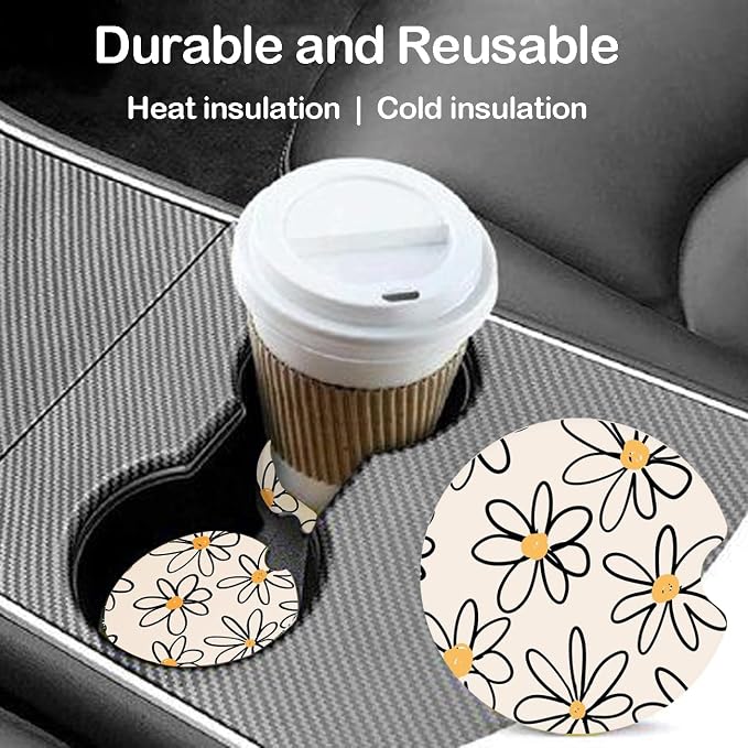 Ceramic Car Coasters – Absorbent Car Cup Holder Coaster Set for Women, Cute Aesthetic Car Accessories for Girls, 2 Pack (Yellow)