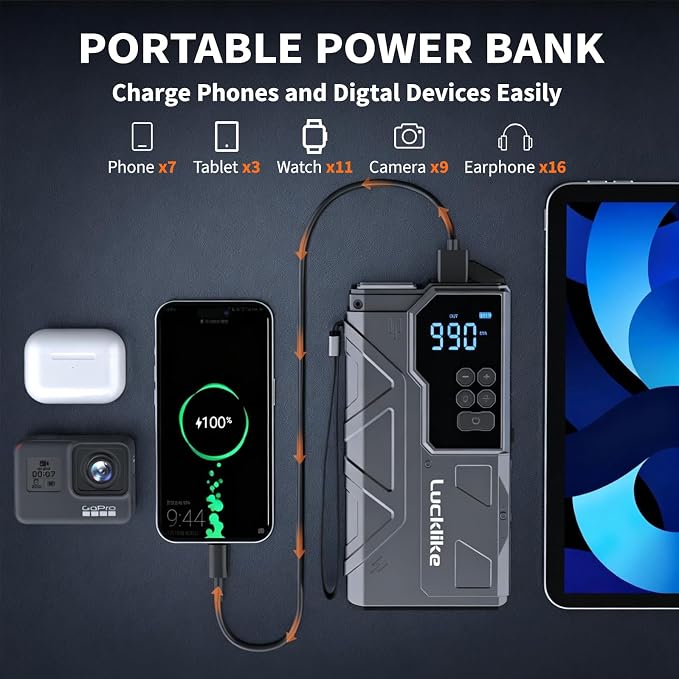 7000A 150PSI Car Battery Jump Starter with Air Compressor Battery Jump Box | for 12V(All Gas/12L Diesel), 21800mAh Car Battery Jumper Starter Portable with Auto-Shutoff Tire Inflator, 800lm Light