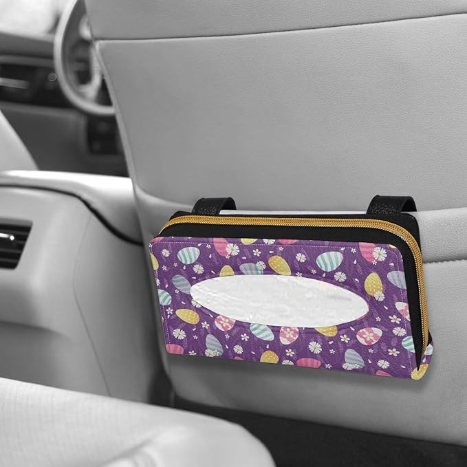 Leathr Egg Print Visor Tissue Holder with Zipper Car Tissue Box Holder Hanging Back Seat Durable Visor Tissue Holder Universal Fit Most Cars
