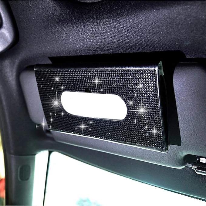 Bling Car Sun Visor Tissue Box Holder, Leather Automotive Napkin Box Holder Organizer with Crystal Rhinestone, Sparkling Vehicles Sun Visor Paper Towel Cover Case, Universal Fit (Black)