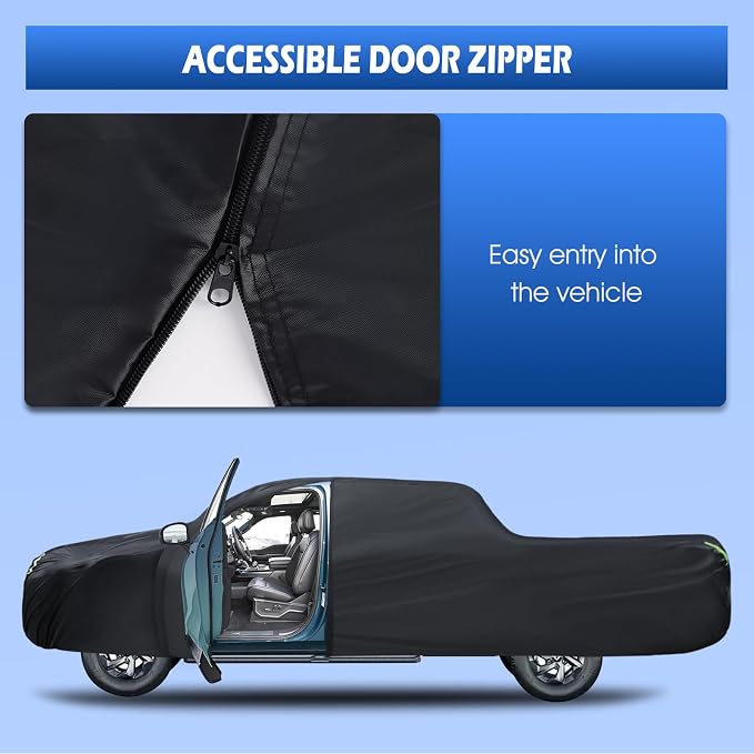 Truck Cover Waterproof All Weather, 6 Layers Pickup Cover with Zipper & Cotton Fit for Toyota Tacoma, Dodge Dakota, Nissan Titan See Size Chart (T2 Fit Truck Length Up to 230 inch)