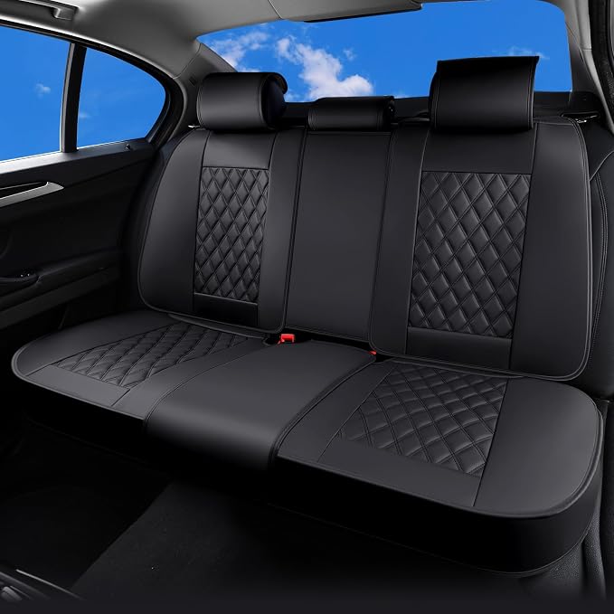 Huidasource Back Seat Cover, Nappa Leather Rear Seat Cover Velcro Adjustable, Compatible with Armrests, Seat Belts, Child Safety Seats, Fit for Most Cars SUVs Trucks (Back Row/Black)