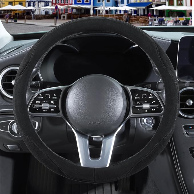 Black Suede Steering Wheel Cover Large 15.5 inch to 16 inch | Warm in Winter and Cool in Summer, Breathable Non-Slip Sweat-Proof Wear-Resistant for Model X Model S Ford F150 F250 F350
