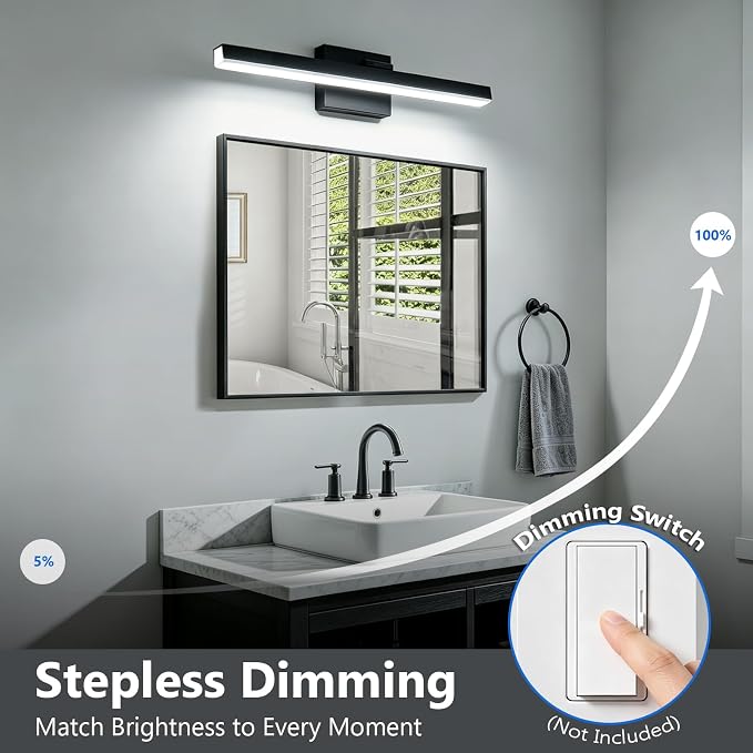 IZORRO Modern Bathroom Vanity Light 24 inch, Rotatable, 16W Dimmable Led Bathroom Light Fixture Over Mirror, Black Vanity Light Bar (Cool White 6000K)