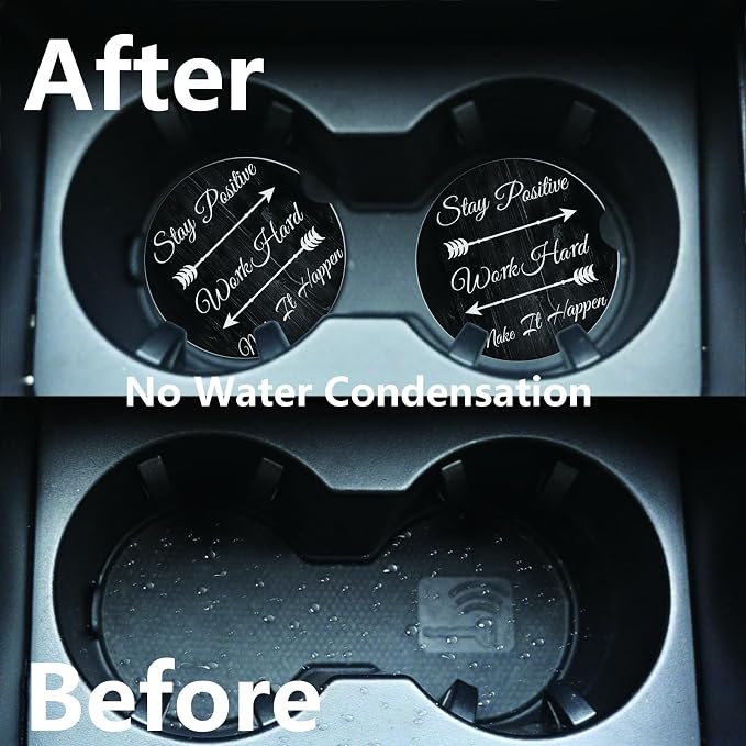 2pcs Stay Positive Car Coasters,Absorbent Universal neoprener Cup Holder Coasters with a Finger Notch,Car Accessories for Women&Man Interior，2.75"