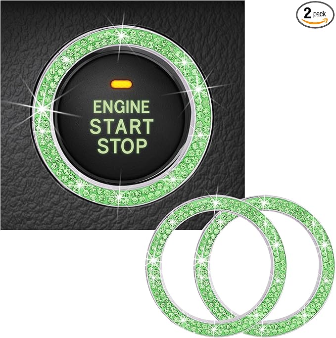 Kewucn 2 PCS Bling Crystal Double Rhinestone Car Engine Start Decoration Ring, Sparkling Push Start Button Sticker, Key Ignition & Knob Ring Decoration, Bling Car Interior Accessory(Light Green)