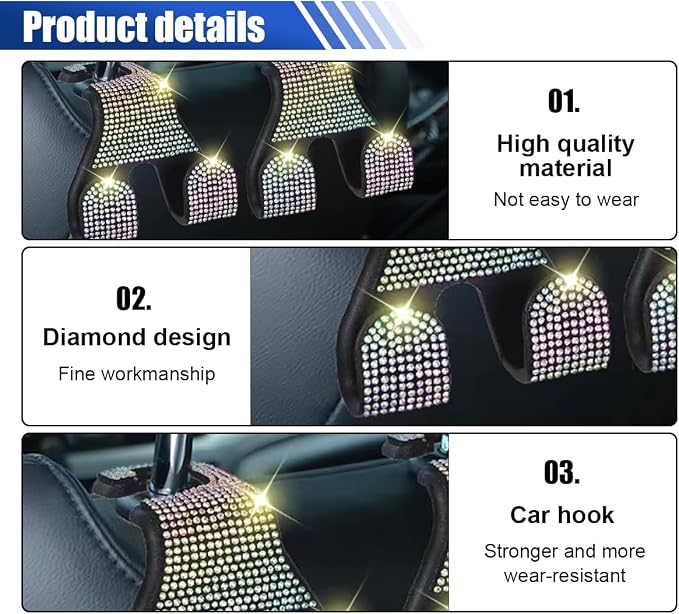2PCS Car Seat Headrest Hooks, Shiny Crystal Hanger Holder, Backseat Hanger Storage Organizer, Bling Rhinestone Car Purse Hook, Car Accessories for Women Universal for SUV Truck Vehicle (AB Color)