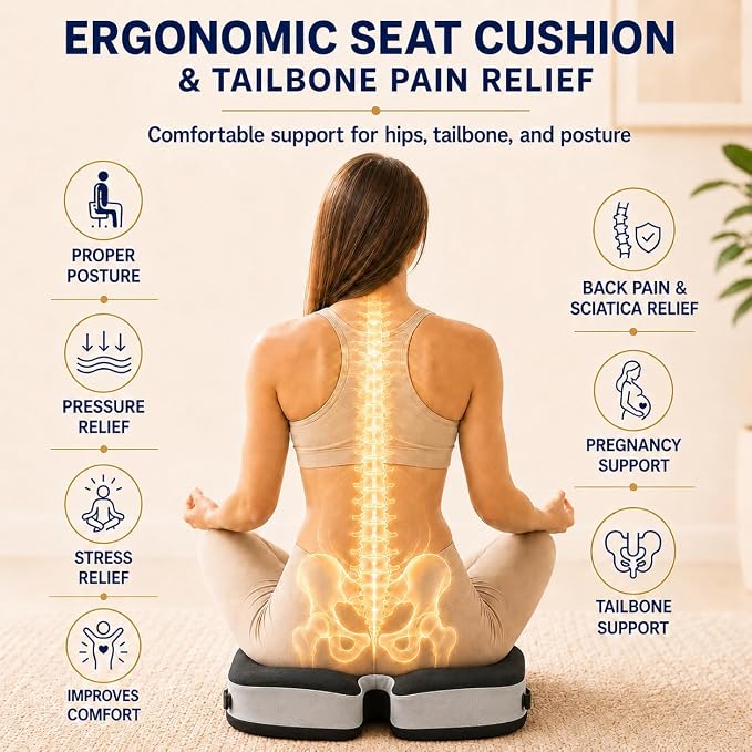 Memory Foam Ergonomic Seat Cushion for Office Chairs Pain Relief | Suitable for prolonged sitting, relieves tailbone pain, fits office chairs, wheelchairs, car seats and computer desk chairs