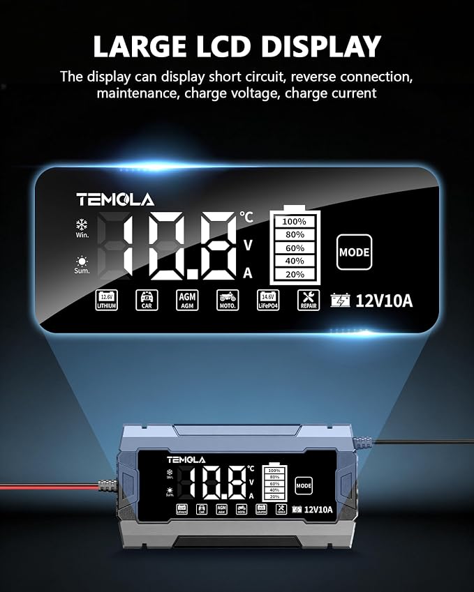 12V 10A Smart Battery Charger Fully Automatic Battery Maintainer Trickle Charger with Pulse Repair LCD Display Temp Compensation for AGM Gel SLA LiFePO4 Flooded Deep Cycle Motorcycle Boat Batteries