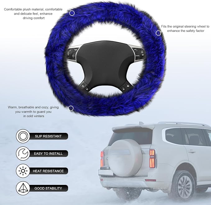 Fluffy Steering Wheel Cover, 15 Inch Anti-Slip Microfiber Plush Fuzzy Steering Wheel Cover, Winter Warm Elastic Fuzzy Steering Wheel Covers for Women and Men, Car Accessories (Blue)
