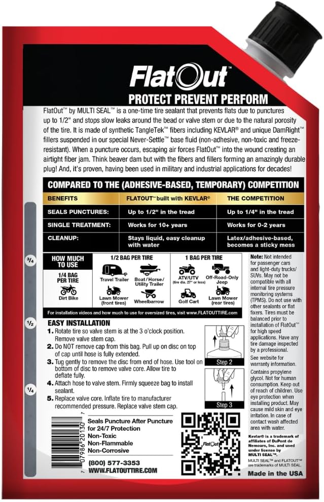 FlatOut Tire Sealant Outdoor Power Equipment Formula - Prevent Flat Tires, Seal Leaks, Contains Kevlar, 32-Ounce Bottle, 1-Pack…