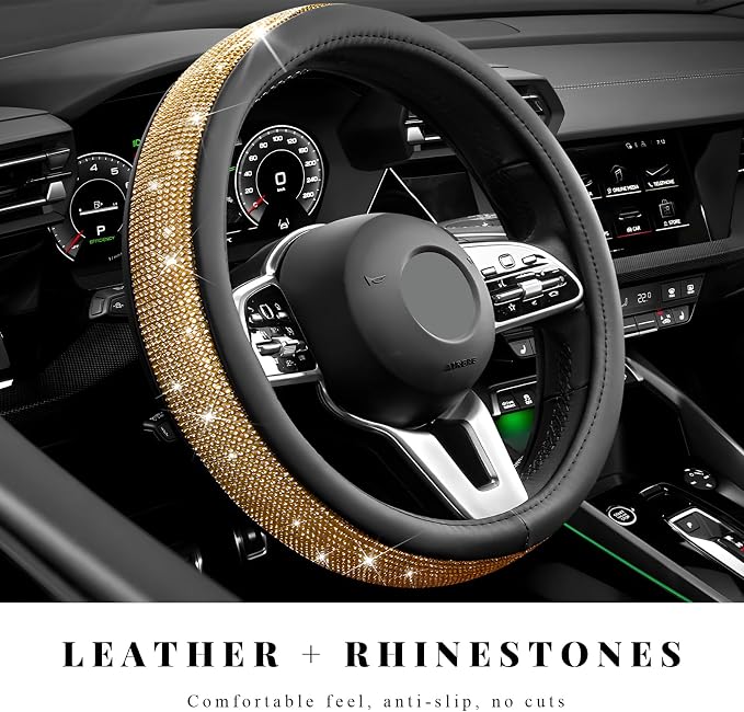 Diamond Leather Steering Wheel Cover, 15 Inch Bling Crystal Rhinestone Anti-Slip Wheel Protector, Universal Sparkling Elegant Diamond Steering Wheels Cover for Women Girl (Golden)
