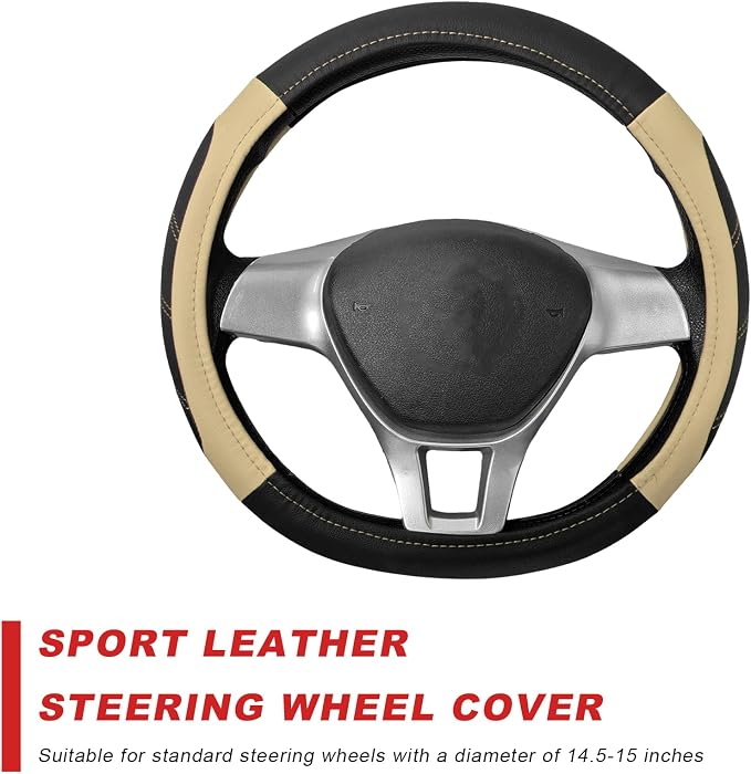 Sport Leather Steering Wheel Cover, 14.5-15 Inch Breathable Auto Steering Wheel Protector with Anti-Slip Lining, Soft Comfortable Leather Wheel Protector for Cars Trucks SUVs (Black & Beige)
