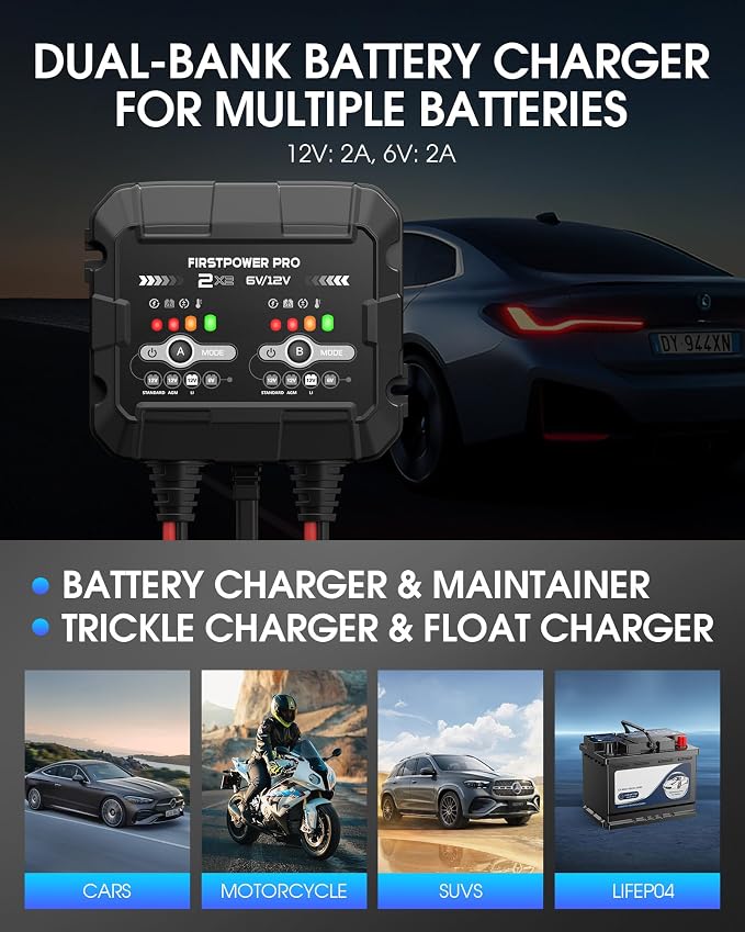 2-Bank, 4A (2A/Bank) Trickle Charger for Car Battery, 12V 6V Car Battery Charger, Automotive Battery Trickle Charger, Maintainer, for Motorcycle Lawn Mower AGM, Lithium Batteries