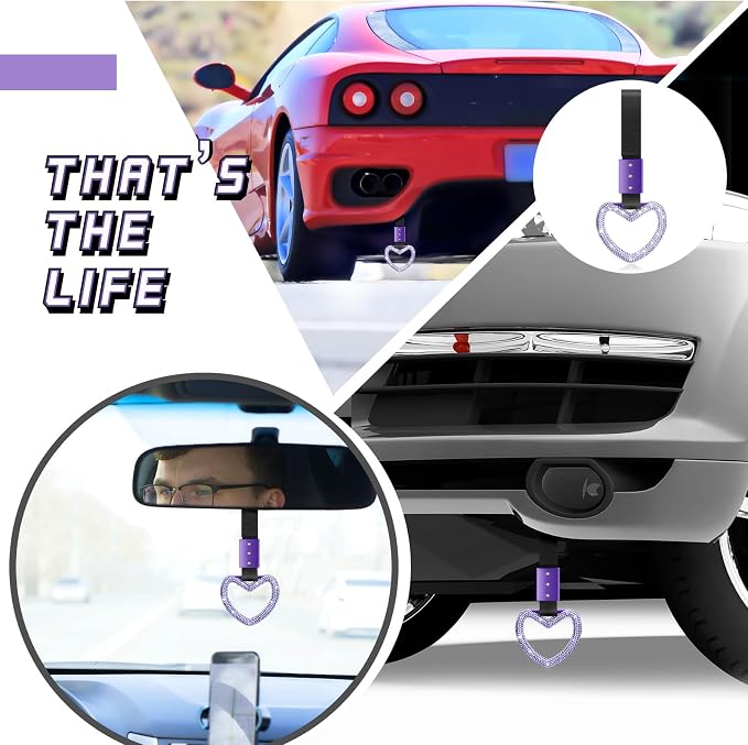 Fabbay Bling Car Accessories Bling Heart Handle Ring Car Accessory for Women Hearts Strap Drift Charm Rear Bumper Warning Ring Decoration for Auto Bus Interior Exterior (Light Purple,Heart Style)