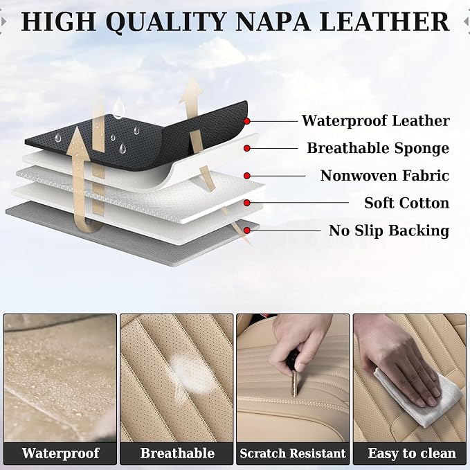 Coverado Car Seat Covers Front Seats, Car Seat Cover Beige, 2-Pack Car Seat Cushion Nappa Leather, Car Seat Protector, Waterproof Seat Covers Carseat Cover Universal Fit for Most Cars Trucks