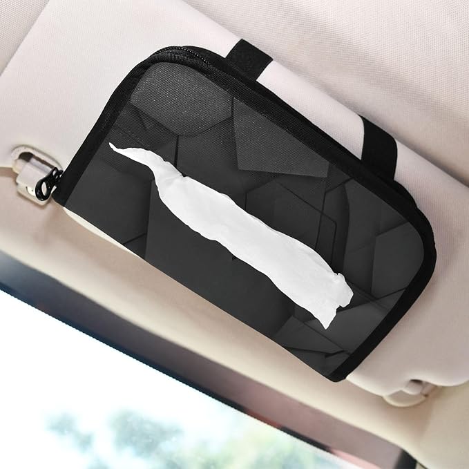 Car Tissue Holder Car Napkin Holder Car Tissue Box Dispenser Storage Case Sun Visor Mask Holder with Adjustable Straps Reusable Refillable Black Geometric Polygon