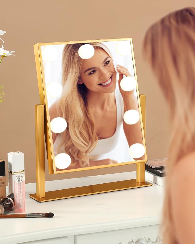 BWLLNI Vanity Mirror with Lights, Hollywood Mirror Lighted Makeup Mirror with 9 LED Bulbs, Touch Control Design 3 Colors Dimmable Bulbs Detachable 10X Magnification 360°Rotation(Gold)